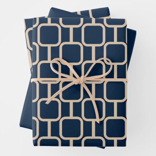 Mod Links Geometric Pattern Mid Century Dark Blue Wrapping Paper Sheets