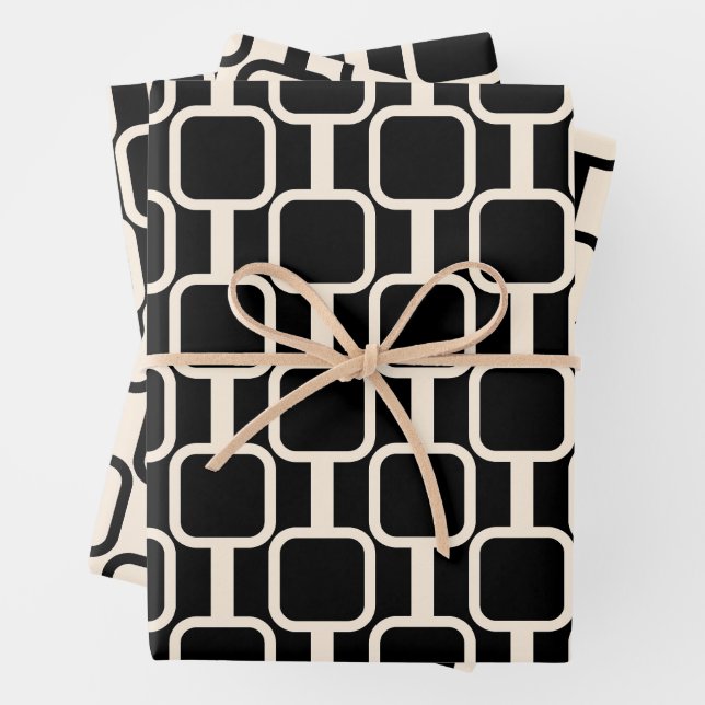 Mod Links Retro Modern Geometric Black and Cream Wrapping Paper Sheets (In situ)