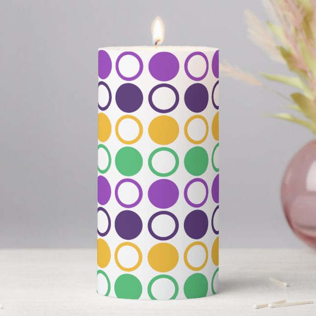 Mod Mardi Gras Dots Pillar Candle (In Situ)