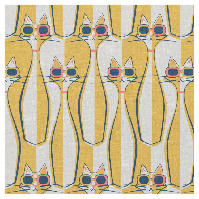 Mod Meow Retro Color Block Cats Fabric (Close Up)