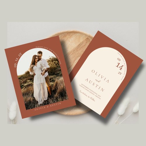 Mod Minimalist Terracotta Arch Photo Save the Date