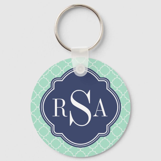 Mod Mint Green Trellis Blue Monogram Keychain (Front)