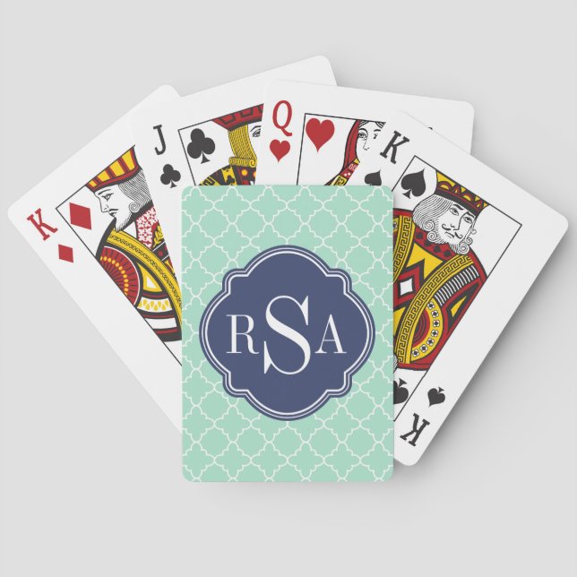 Mod Mint Green Trellis Blue Monogram Poker Cards (Back)