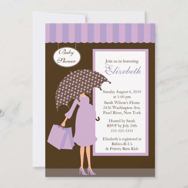 Mod Mom Baby Shoppe Baby Shower Purple Invitation (Front)