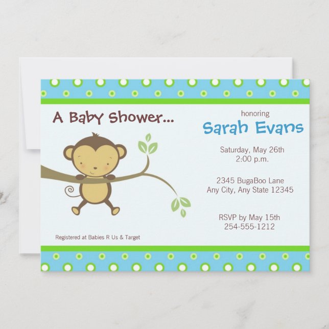 Mod Monkey Baby Shower Invitations - Blue (Front)