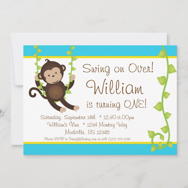 Mod Monkey Blue and Yellow Birthday Party Invite (Front)