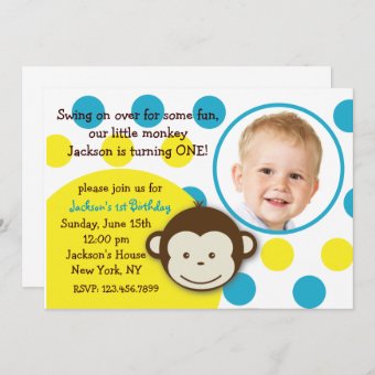 Mod Monkey Boy Photo Birthday Party Invitations | Zazzle