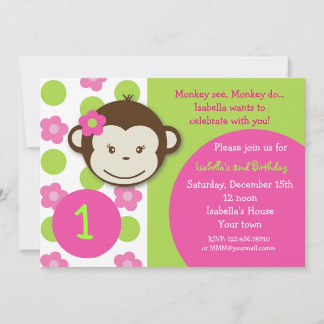 Mod Monkey Girl BIrthday Party Invitations (Front)