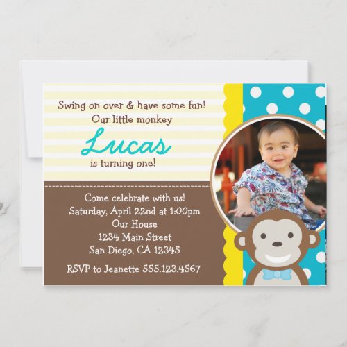 Mod Monkey Photo 1st Birthday Invitation
