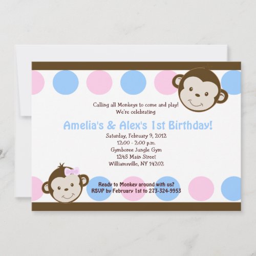 Mod Monkey Twins PinkBlue 5x7 Birthday Invitation