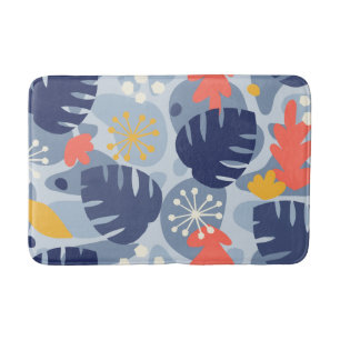 Mod Monstera Leaf Abstract Hawaiian Tropical -Blue Bath Mat