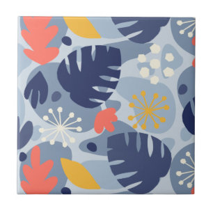 Mod Monstera Leaf Abstract Hawaiian Tropical -Blue Ceramic Tile