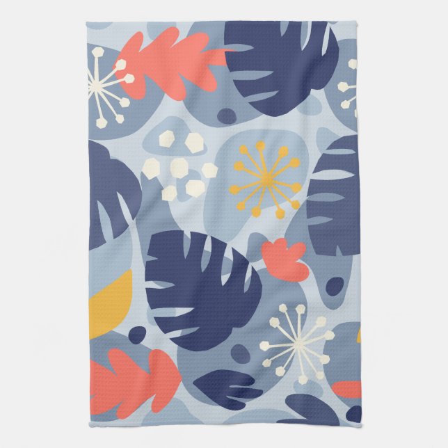 Mod Monstera Leaf Abstract Hawaiian Tropical -Blue Kitchen Towel (Vertical)