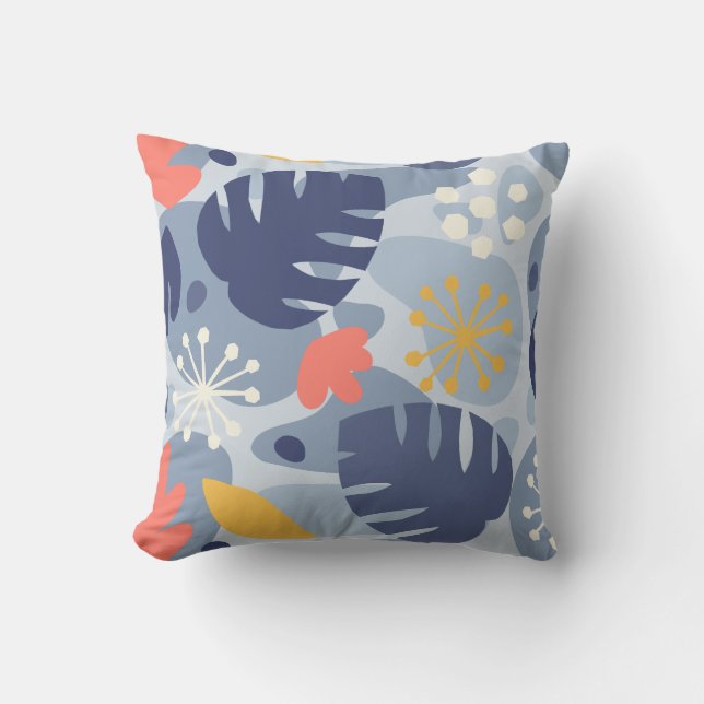 Mod Monstera Leaf Abstract Hawaiian Tropical -Blue Outdoor Pillow (Front)