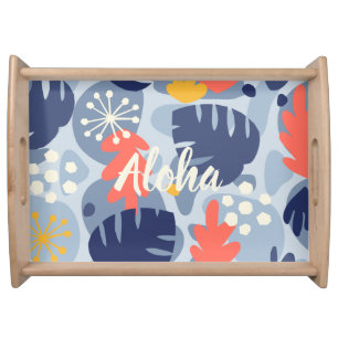 Mod Monstera Leaf Abstract Hawaiian Tropical -Blue Serving Tray