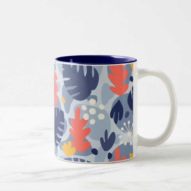 Mod Monstera Leaf Abstract Hawaiian Tropical -Blue Two-Tone Coffee Mug (Right)