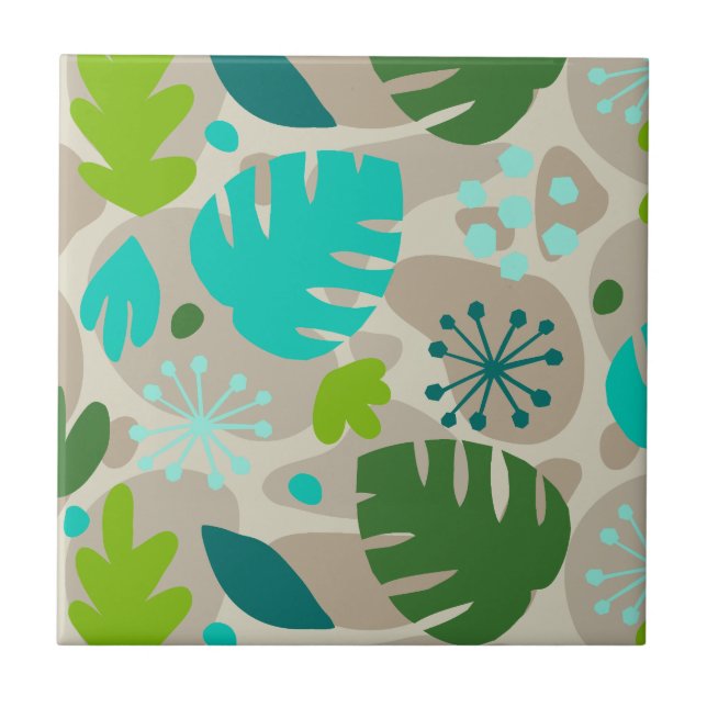 Mod Monstera Leaf Abstract Hawaiian Tropical -Cool Ceramic Tile (Front)