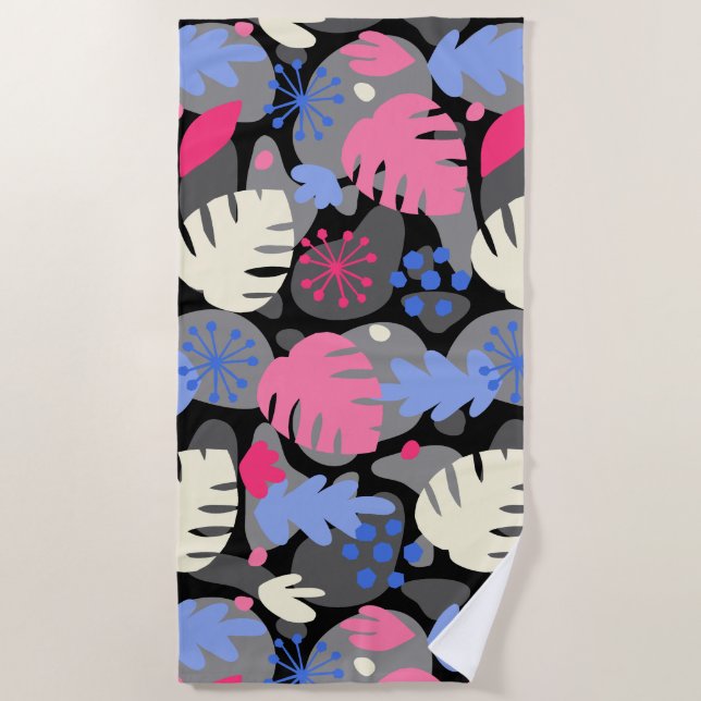 Mod Monstera Leaf Abstract Hawaiian Tropical -Gray Beach Towel (Front)