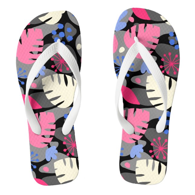 Mod Monstera Leaf Abstract Hawaiian Tropical -Gray Flip Flops (Footbed)