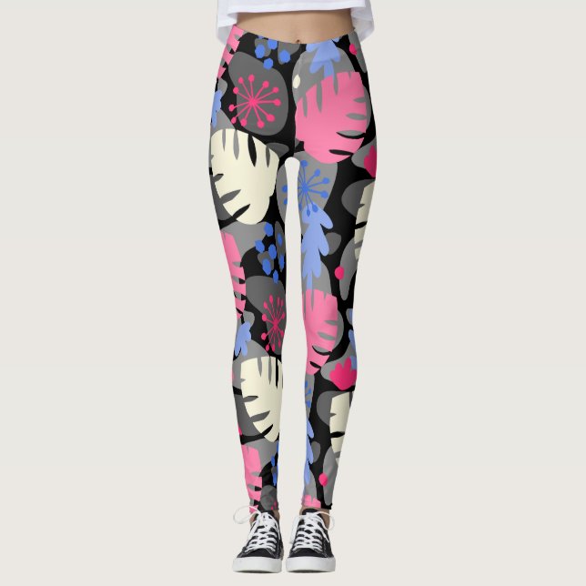 Mod Monstera Leaf Abstract Hawaiian Tropical -Gray Leggings (Front)