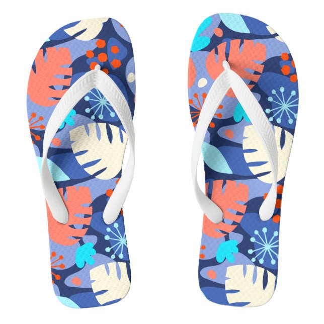 Mod Monstera Leaf Abstract Hawaiian Tropical -Navy Flip Flops (Footbed)