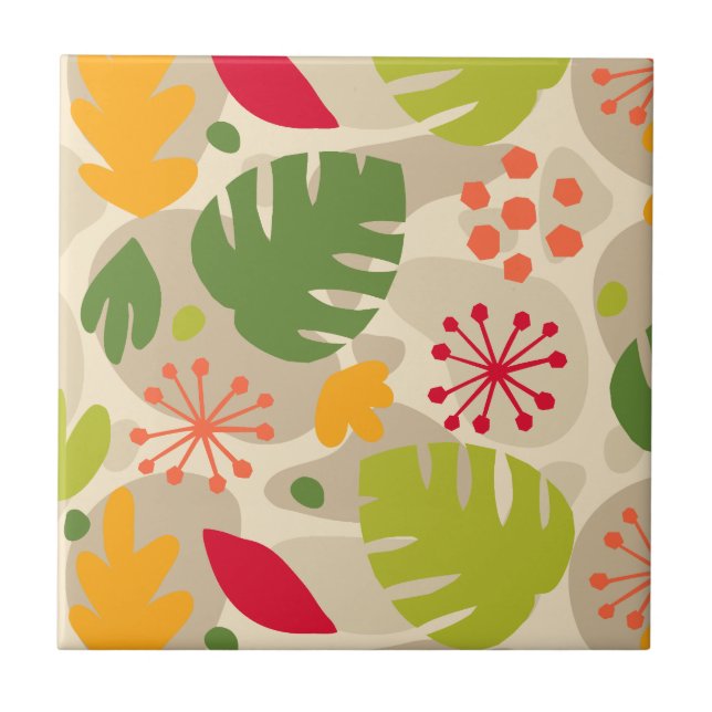 Mod Monstera Leaf Abstract Hawaiian Tropical -Warm Ceramic Tile (Front)