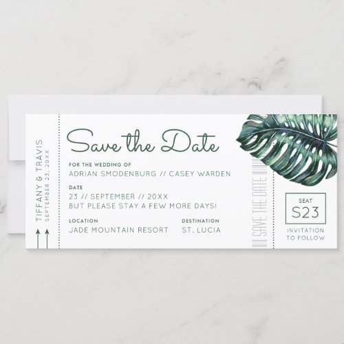 Mod Monstera Leaf Boarding Pass Save the Date Announcement