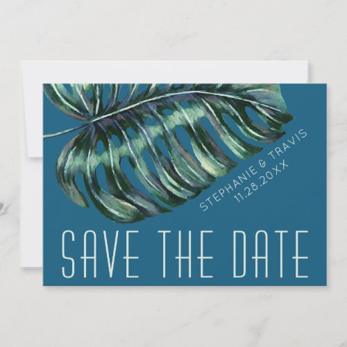 Mod Monstera Leaf Green and Moody Blue Wedding Save The Date