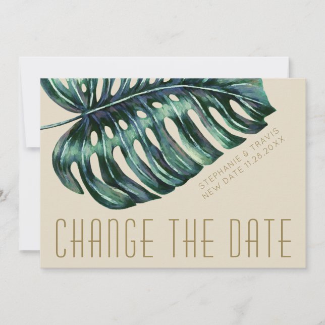 Mod Monstera Leaf Green and Tan New Changed Save The Date (Front)