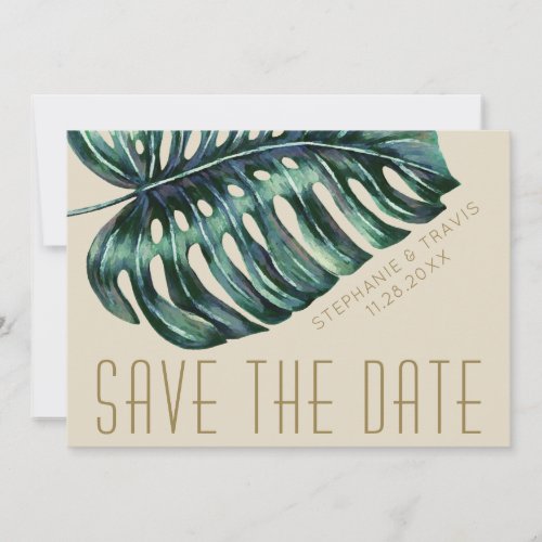 Mod Monstera Leaf Green and Tan Wedding Save The Date