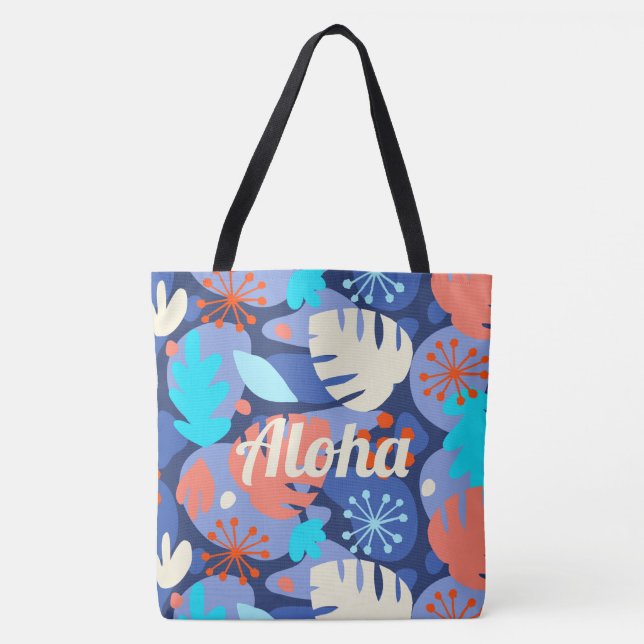 Mod Monstera Leaf Hawaiian Tropical Navy Beach Bag (Front)