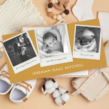 Mod Mustard Yellow Photo Birth Announcement by beckynimoy at Zazzle