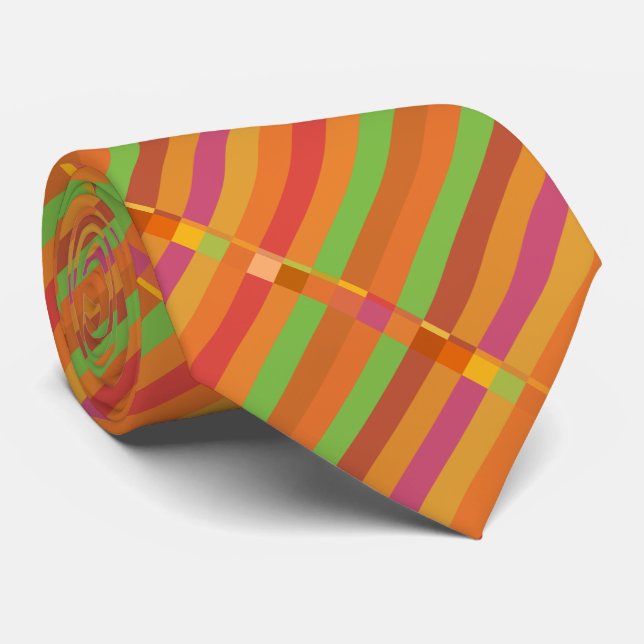 Mod Orange and Green Stripes and Squares Neck Tie (Rolled)
