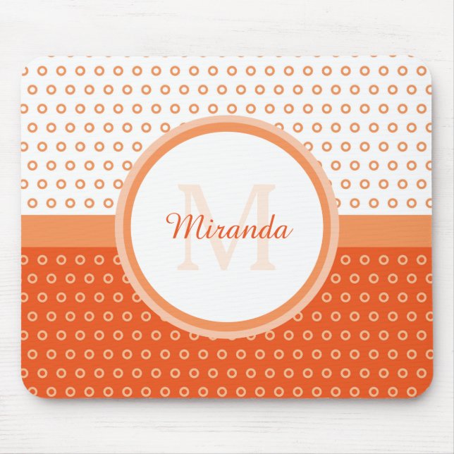 Mod Orange and White Polka Dots Monogram With Name Mouse Pad (Front)