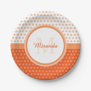 Mod Orange and White Polka Dots Monogram With Name Paper Plates