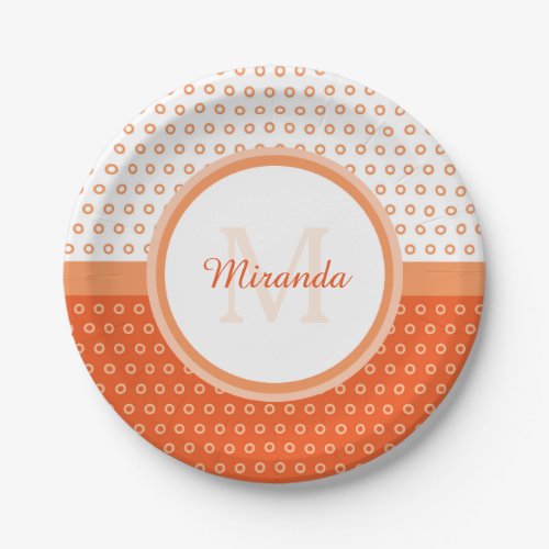 Mod Orange and White Polka Dots Monogram With Name Paper Plates