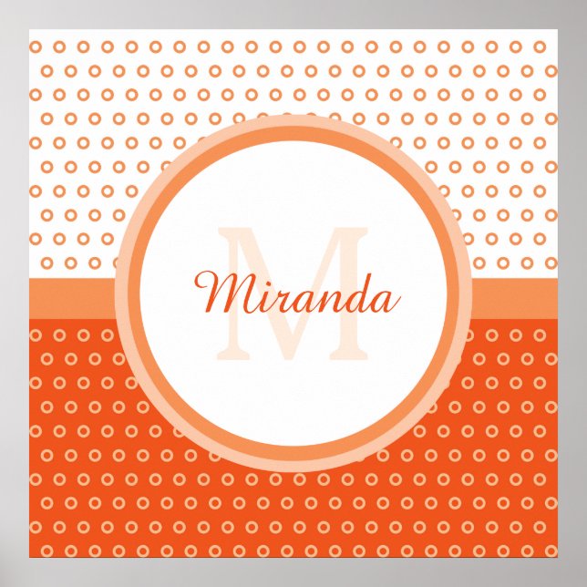 Mod Orange and White Polka Dots Monogram With Name Poster (Front)