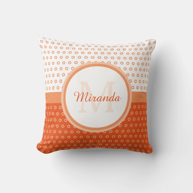 Mod Orange and White Polka Dots Monogram With Name Throw Pillow (Front)