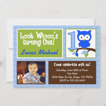 Mod Owl 1st Birthday Photo Invitation For Boys by seasidepapercompany at Zazzle