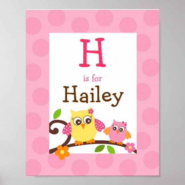 Mod Owl Flower Girls Nursery Wall Art Name Print (Front)