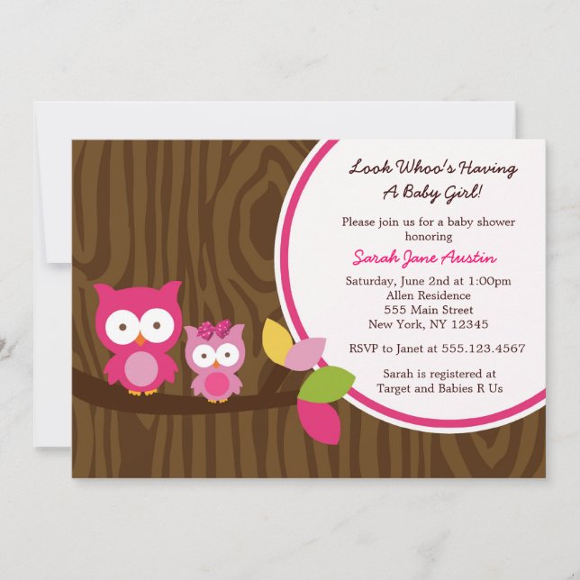 Mod Owl Girl Baby Shower Invitations (Front)