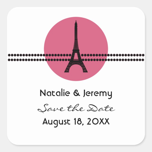 Mod Parisian Dots Save the Date Stickers, Pink Square Sticker (Front)