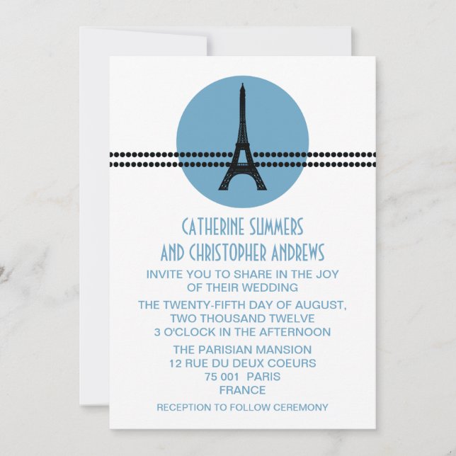 Mod Parisian Dots Wedding Invite, Blue Invitation (Front)