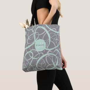 mod personalized mint and gray funky loops tote bag