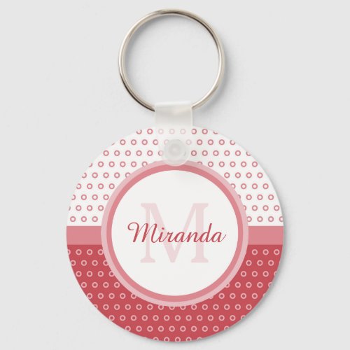 Mod Pink and White Polka Dots Monogram With Name Keychain