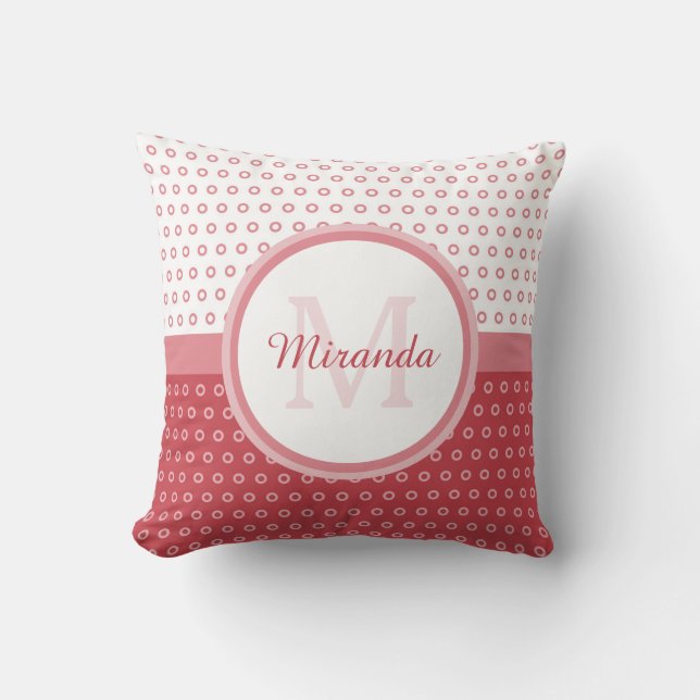 Mod Pink and White Polka Dots Monogram With Name Throw Pillow (Front)