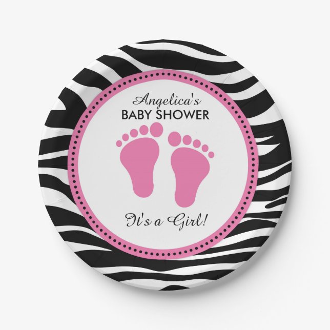 Mod Pink and Zebra Paper Party Plates, Baby Shower Plates (Front)