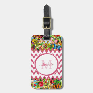 Mod Pink Chevron Vintage Floral Monogram and Name Luggage Tag