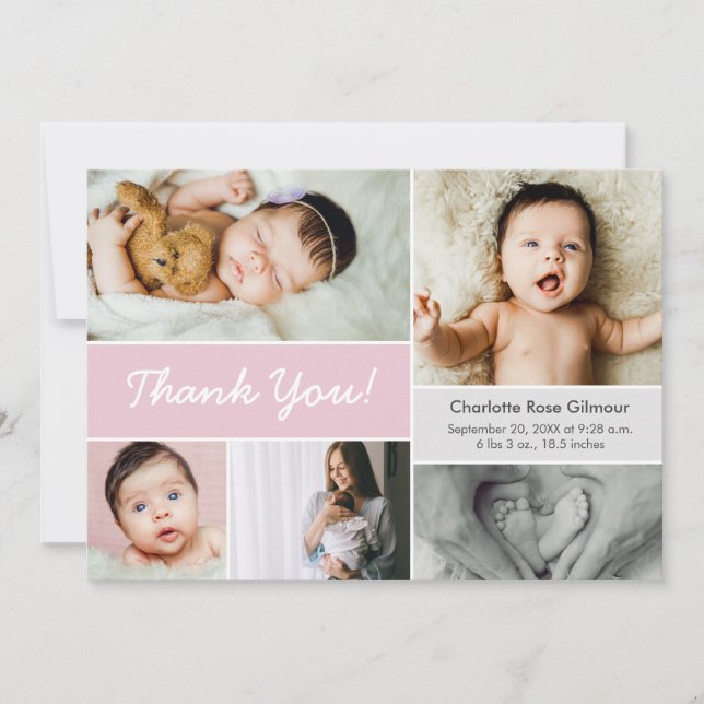 Mod Pink Custom Photo Collage Baby Girl Birth  Thank You Card (Front)