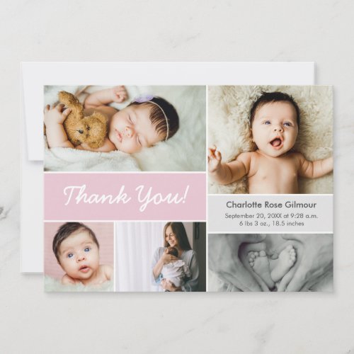 Mod Pink Custom Photo Collage Baby Girl Birth  Thank You Card